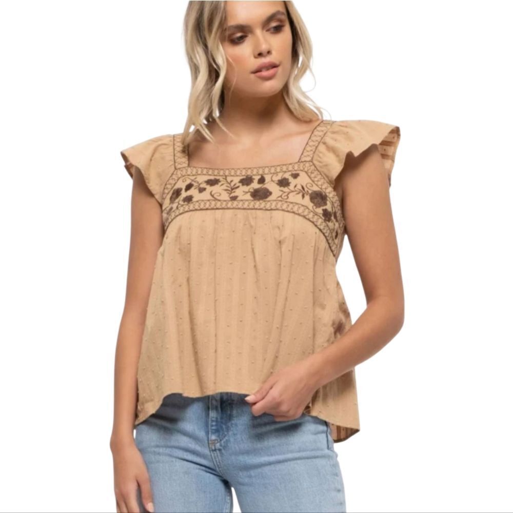 Mine Cotton Embroidered Tan Peasant Flutter Sleeve Boho Women's Top